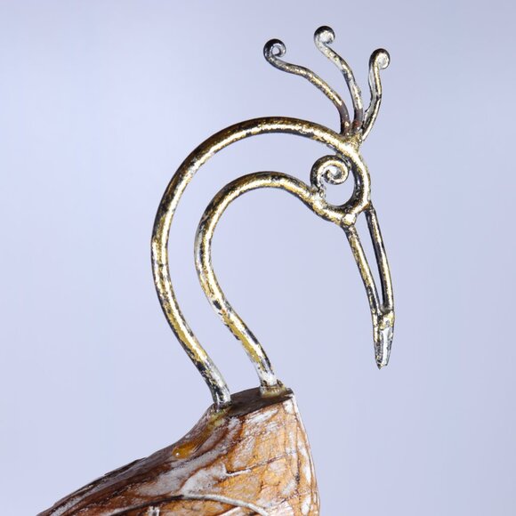 Wood & Metal Bird Peacock (?) Wood Base Figurine Decor Handmade 14" Height. - Picture 8 of 8